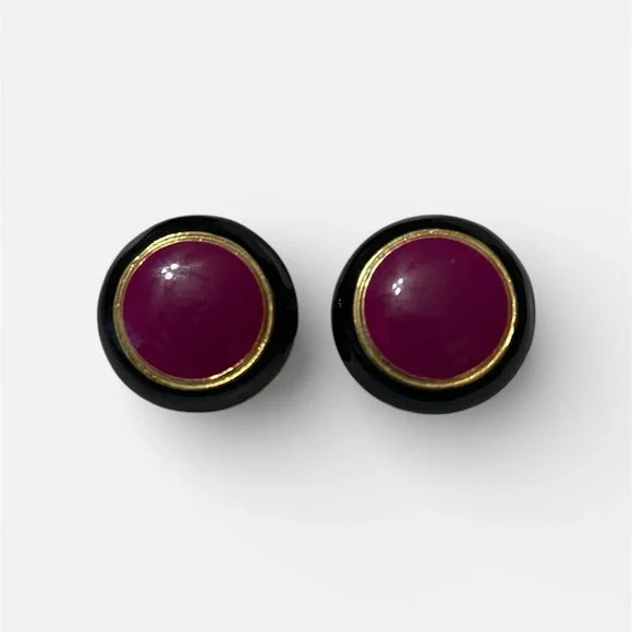 Round Purple Stud Earrings with Gold and Black Rim - Picture 2 of 8
